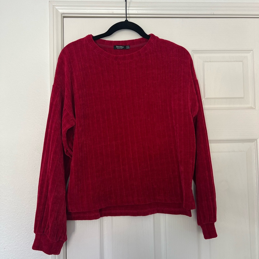 Bershka Red Ribbed Corduroy Crewneck Sweater